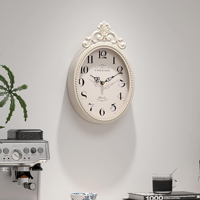 Abdurey Small French Retro Decor Wall Clock, Ivory White Vintage Oval Style | Silent Battery Operated Boho Decorative Wall Clocks for Farmhouse,Kitchen,Bedroom,Bathroom(10.4"H x 6.7"W)