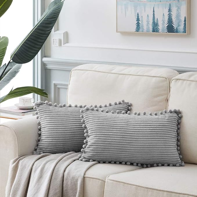 Fancy Homi Pack of 2 Boho Grey Lumbar Decorative Throw Pillow Covers with Pom-poms, Soft Corduroy Solid Rectangle Cushion Cases Set for Couch Sofa Bedroom Car Living Room (12x20 Inch/30x50 cm, Gray)