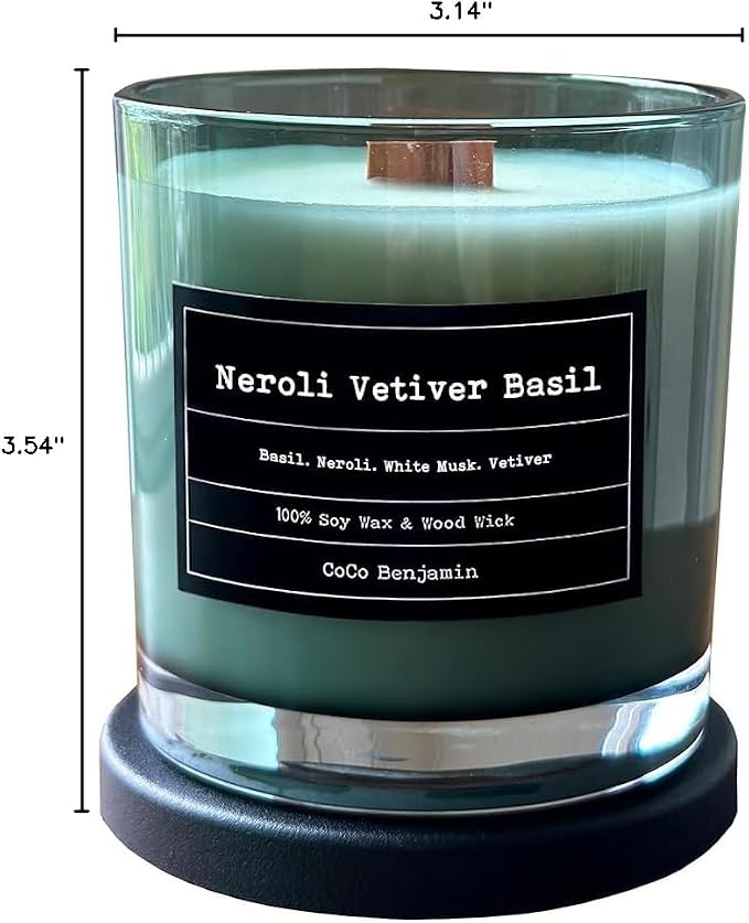100% Soy, Highly Scented, Hand Poured Soy Candle (Neroli Vetiver Basil (Wooden Wick))