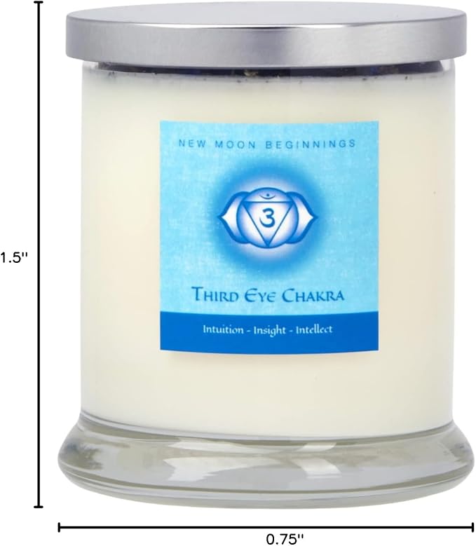 Third Eye Chakra Candle by New Moon Beginnings - Chakra Candles - Dried Flower, Herb, & Crystal Candles - Aromatherapy Candles - Soy Candle - 12oz Glass Jar