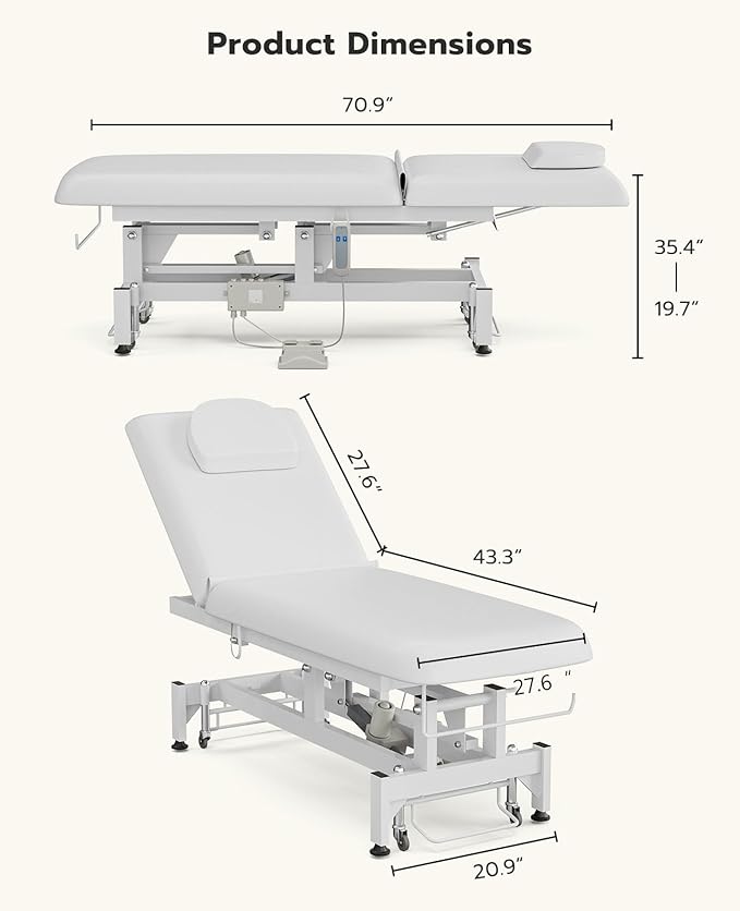 Icoget Electric Lift Massage Table Bed and Stool, Spa Facial Treatment Table w/Face Hole, Adjustable Backrest Medical Table Beauty Beds for Esthetician, Wax, Lash Extension,White