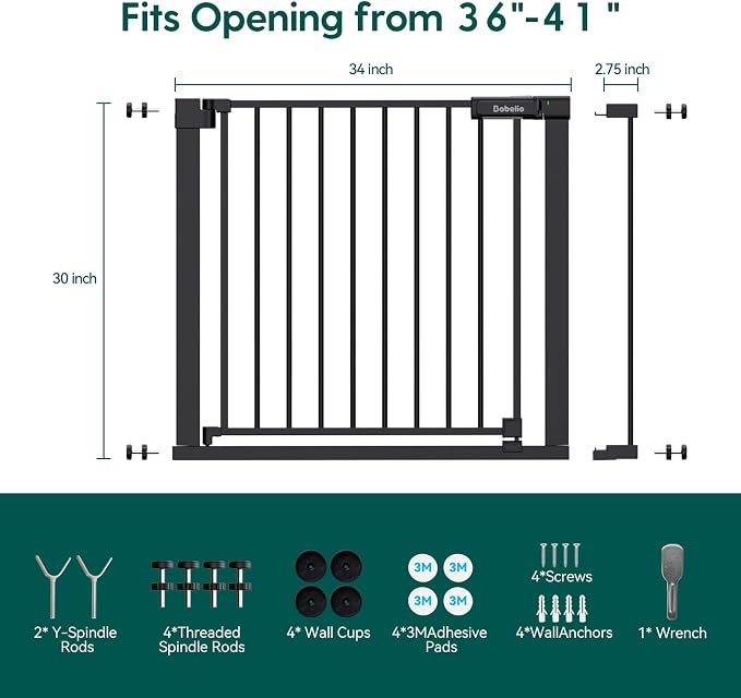 Babelio Baby Gate for Stairs No Drilling, PressGuard, 36-41 in Dog Gate | Pressure/Wall Mount, Dual Lock with Indicator, Auto Close, Heavy Duty, Easy Install for Doorways, Kitchens, Hallway, Black