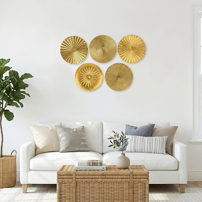 Briful 12" Gold Wall Décor Pack of 5 Metal Starbursts Radial Plate Wall Art Modern Accent Hanging Wall Decorations For Home Office Bedroom Or Living Room Sculptures