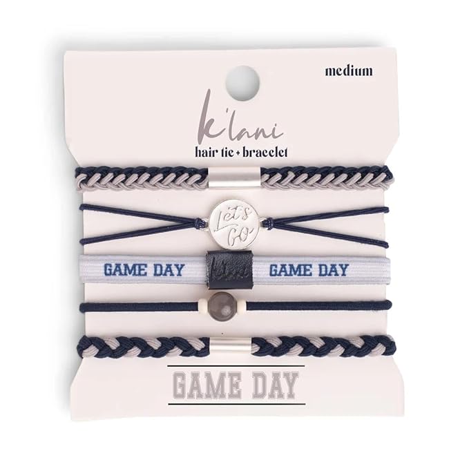 K'lani Game Day Hair Tie Bracelets – 5-Pack Stretchy No-Crease Hair Ties & Stylish Bracelets – Team Color Accessory for Hair or Wrist - Navy & Gray, Medium