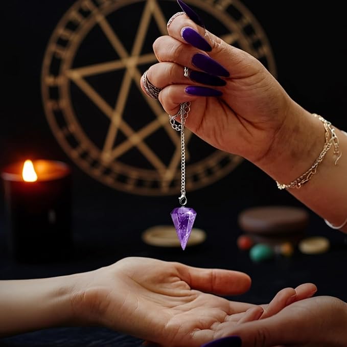 6 Pcs Crystal Pendulum Set, Natural Gemstone Hexagonal Cone Pendant, Includes Black Agate, Tiger Eye, Amethyst, White Crystal, Rose Quartz, Green Aventurine with Hollow Chain, Healing Divination Tools