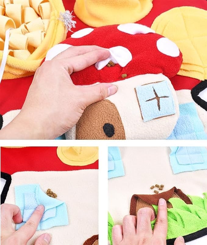 Ferret Cats Snuffle Mat Fleece Foraging Mats Interactive Feeding Toy Small Animal Rabbit Guinea Pig Rat Hamster Anti Slip Treat Dispenser Slow Feeder (Mushroom)