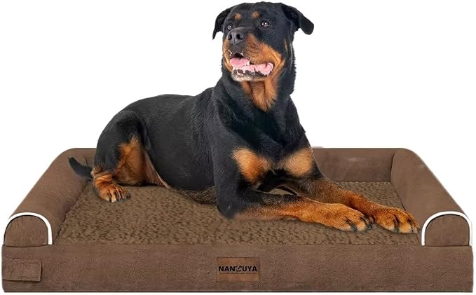 Orthopedic Dog Bed for XX-Large Dogs, 44 x 34 Inch, Dark Coffee | Egg crate foam for joint support, 3-sided bolster pet sofa, waterproof lining, washable cover, and non-skid base
