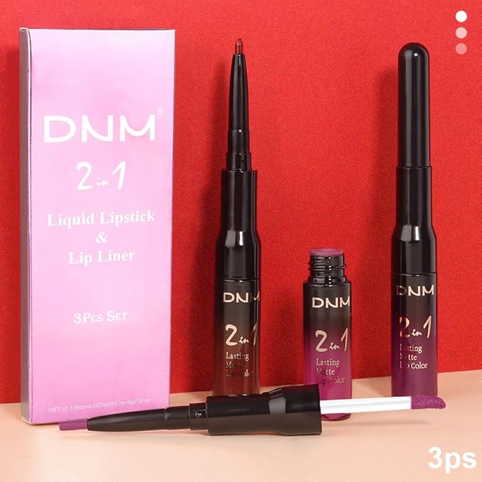 3Pcs 2 in 1 Dark Deep Red Purple Plum Black Cherry Lip Liner and Liquid Lipstick Stain Makeup Set for women, Long Lasting Smudge Proof Lip Tint Matte Finish Lip Gloss for All-Day Color Hold , Set11