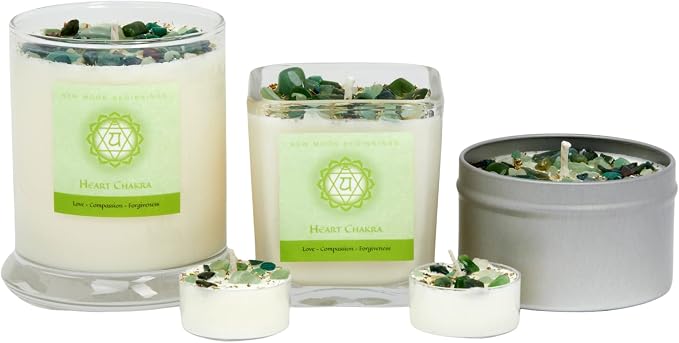 Heart Chakra Candle by New Moon Beginnings - Chakra Candles - Dried Flower, Herb, & Crystal Candles - Aromatherapy Candles - Soy Candle - 8oz Tin