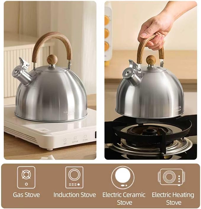 18/8 Stainless Steel Tea Kettle for Stovetop (4L / 4.23 Quart Whistling Tea Pot, Wood Handle)-Silver