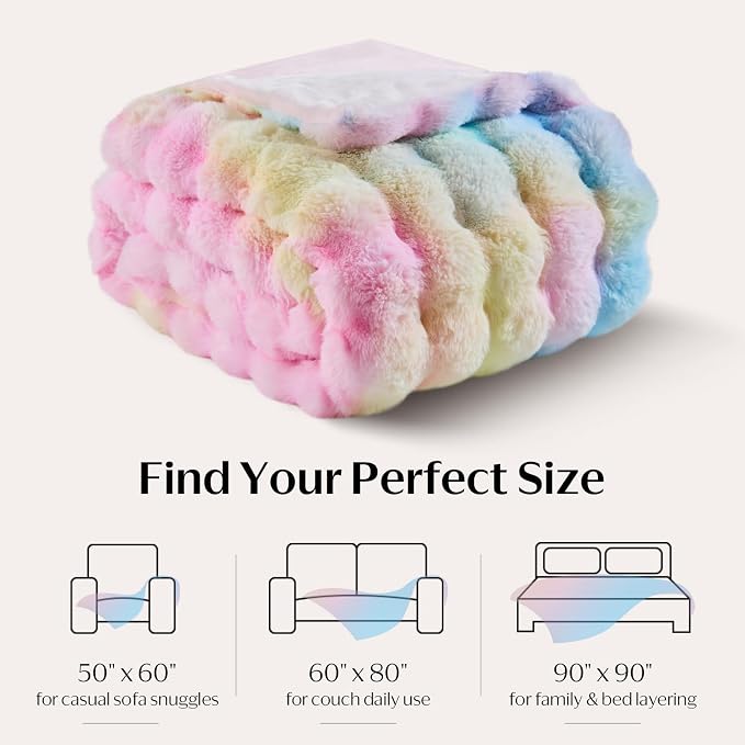 DOWNCOOL Faux Fur Throw Blanket for Couch, Ultra Soft Fluffy Fuzzy Plush Bubble Blanket for Sofa Bedroom Living Room, Cozy Warm Luxury Fleece Minky Blanket, 50x60 Inches Rainbow
