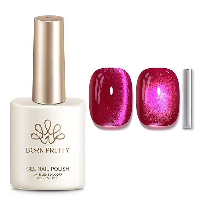 Born Pretty Pink Cat Magnetic Eye Gel Nail Polish 15ML,Spring Summer Hot Pink Jelly Glass Crystal Glitter Shimmer Translucent Gel Polish with Magnet,Soak Off U V Gels for Women Girl