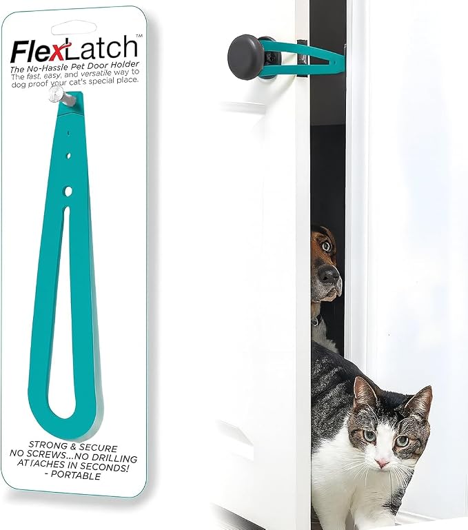 FlexLatch Cat Door Holder Latch - Teal Cat Door Alternative, Flex Latch Strap Let's Cats in and Keeps Dogs Out of Litter and Food Safe Baby Proof One Piece No Measuring Extra Easy