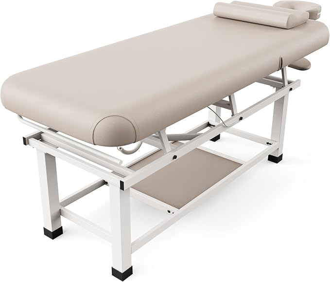 pouseayar Heavy Duty Electric Stationary Massage Table with Backrest Adjustable and Storage Space for Treatment/Medical Spa/Facial/Beauty/Massage Bed and More - 30 x 75 - Beige Gray