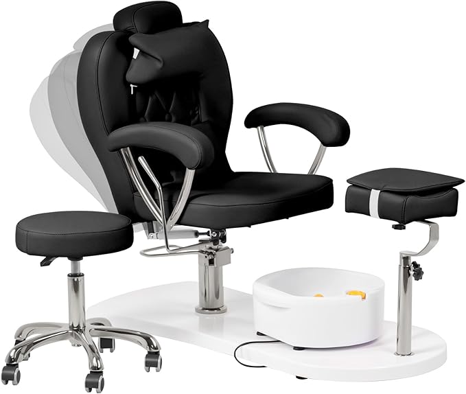 Pedicure Chair No Plumbing with Stool & Foot Bath, 360°Swivel Hydraulic Reclining Pedicure Station with Footrest & Ergonomic Headrest for Nail Tech, Spa, Salon (Black)