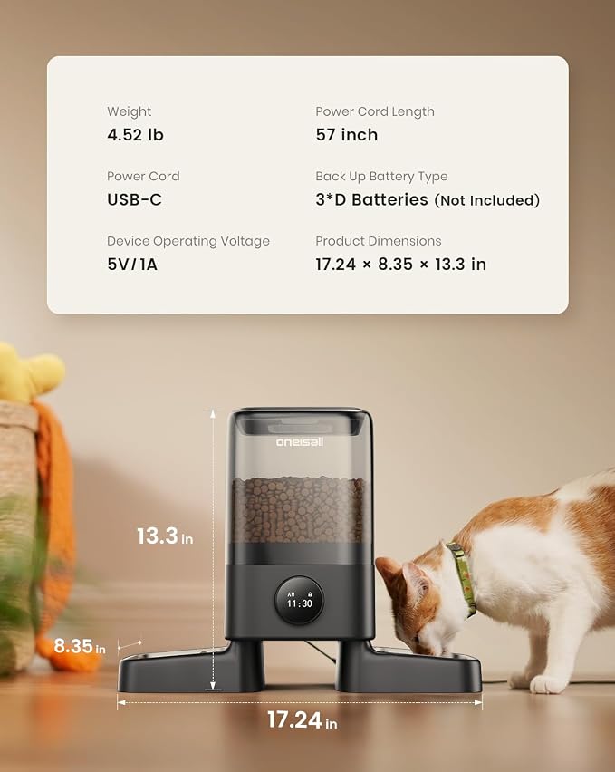 oneisall Automatic Cat Feeder for 2 Cats Pets, 20 Cups/5L | Prevent Fighting, Precise Portions, Balanced Dispensing, Large Kibble Support, Non-Slip & Stable, Stainless Steel Bowls