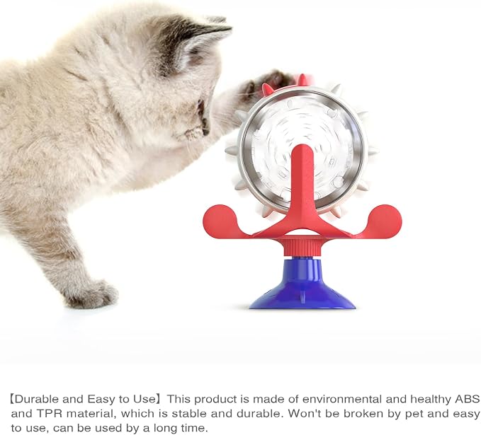 Interactive Cat Slow Feeder, Rotating Durable Dog Puzzle Toy, Mental Stimulation Treat Dispenser with Powerful Suction Cups for Cats and Dogs (Red Blue)