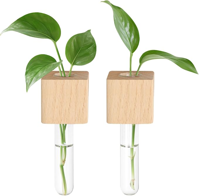 Magnetic Test Tube Flower Vases for Refrigerator, Set of 2 | Wooden magnetic vases in a natural wood finish for fresh cuttings and plant propagation. Plant not included.
