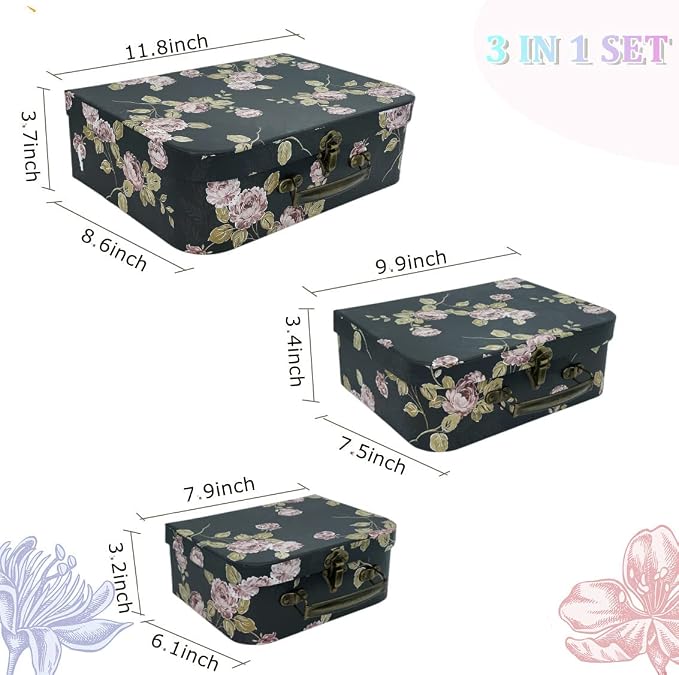 Decorative Boxes Set of 3 Decorative Storage Boxes With Lids, Cardboard box, Vintage Suitcase for Home Decoration, Photo Storage, Hat Boxes (Black Flowers)