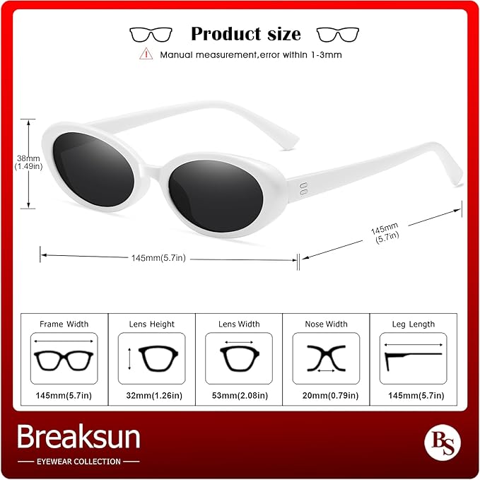 Breaksun Retro Oval Sunglasses for Women Men Fashion Small Oval Sunglasses 90s Vintage Shades