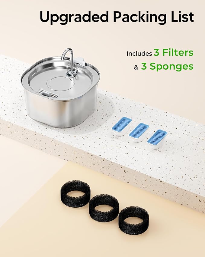 PEKTACO Cat Water Fountain, 3.2L Pet Drinking Fountain with 3 Filters | Stainless steel cat drinking fountain, dishwasher safe, with triple filtration, quiet pump, faucet for cats and small pets