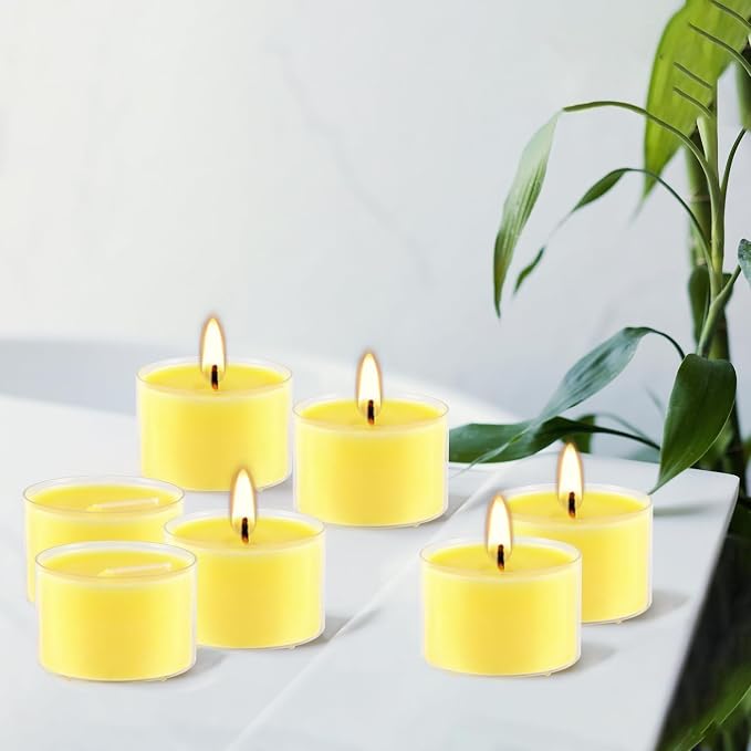 100 Pack Clear Tea Lights Candles Bulk, Summer Citronella Candle Outdoor and Indoor, for Birthday Emergency Home Garden(8 Hour, Yellow)