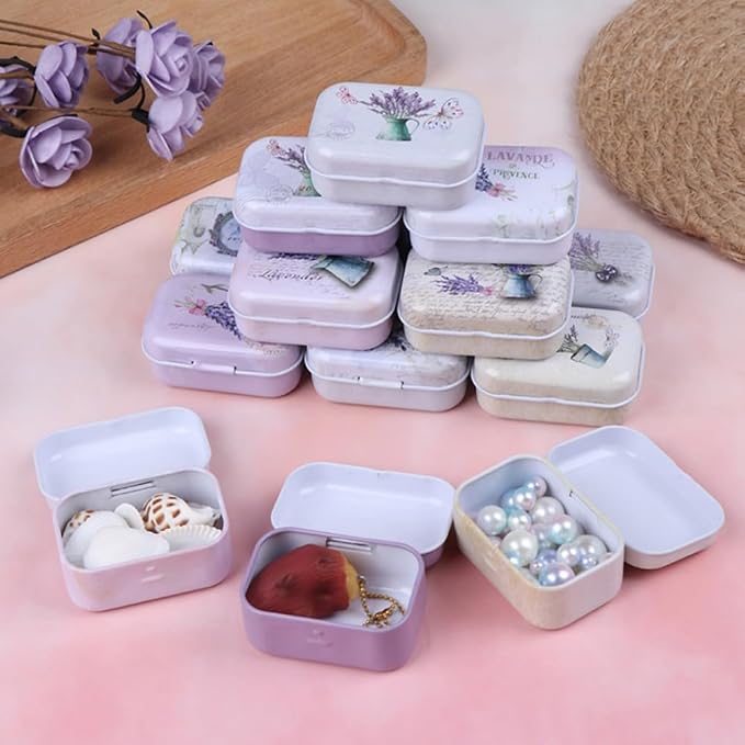 8Pcs Metal Hinged Tin Box Container Floral Farmhouse Rustic Mini Portable Small Storage Container Kit with Lid for Home Storage 2.1x1.5x1 Inch (Purple)