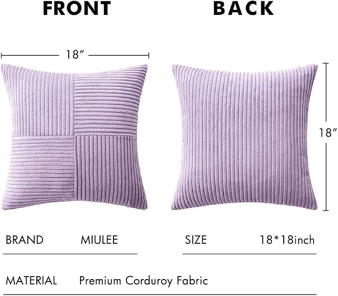 MIULEE Purple Decorative Throw Pillow Covers for Couch 18x18 Inch Lavender | 2 Pack, Boho Farmhouse Pillow Covers, Soft Cross Corduroy Patchwork Textured Cushion Cases For Bed Sofa
