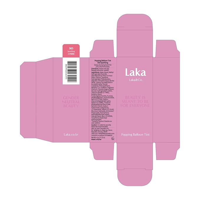 Laka Popping Balloon Lip Stain, 4.5g/0.15oz, Glossy Plumping Lip Tint, Moisturizing, Non-Sticky Texture for All-Day Hydration, Vegan, K-Beauty (#503 Sparkling)