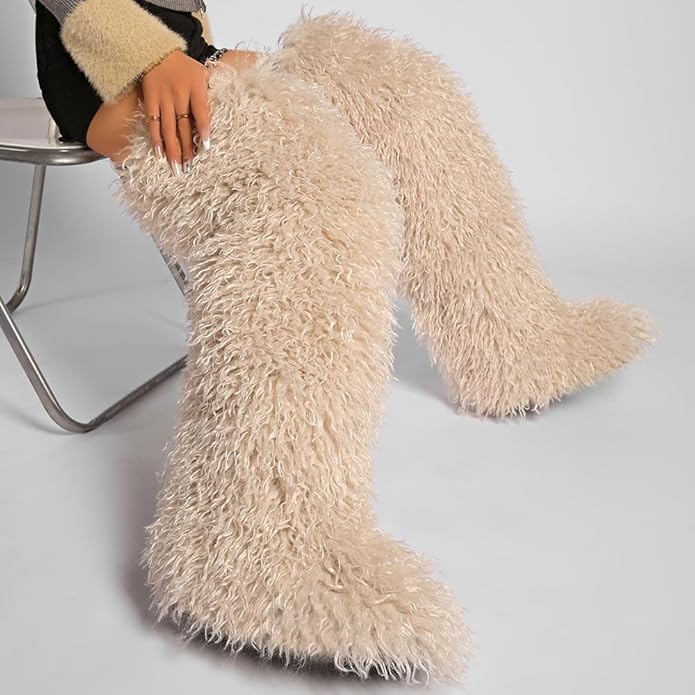 SWEETHEART BEAUTY Thigh High Shagy Teddy Fur Boots, 29 Inch Over the Knee Length Fluffy High Boots, Tall Furry Shoes For Women