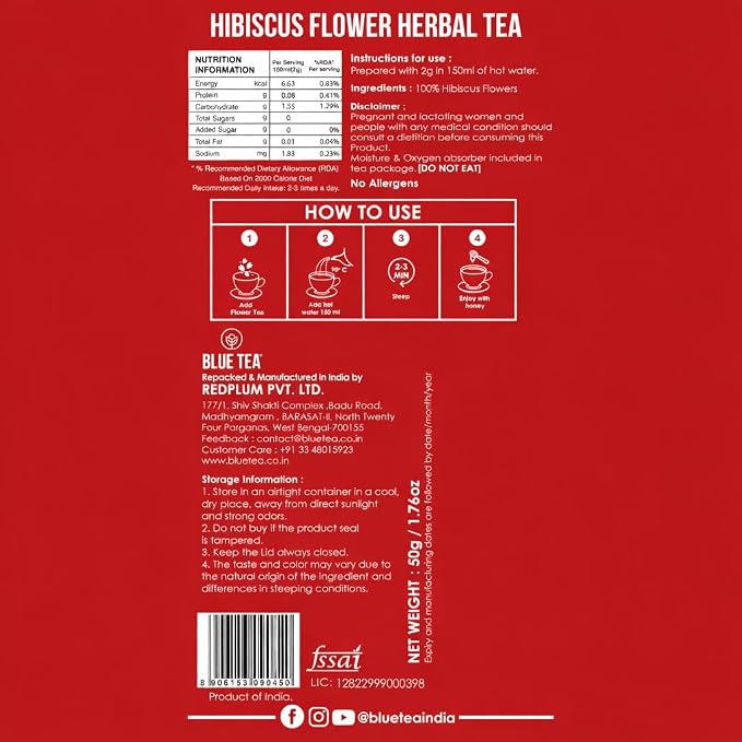 BLUE TEA - Hibiscus Tea - 1.76 Oz (80+ Cups) Loose | SKIN GLOW ENHANCING TEA | Herbal Tea - Flower Based - Non-Bitter - Caffeine Free - Tangy Flavour - Vitamin-C Rich | Pet Jar Pack