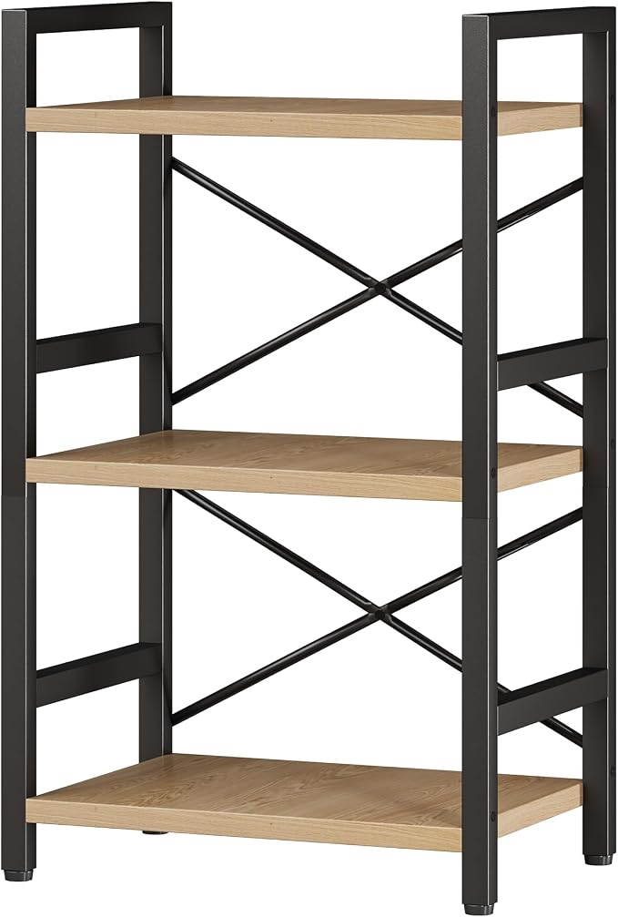 Homeiju Bookshelf, 3 Tier Industrial Bookcase, Metal Small Bookcase, Rustic Etagere Book Shelf Storage Organizer for Living Room, Bedroom, and Home Office(Light Coffee) Patent Pending D29873033