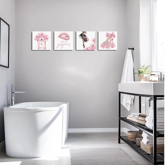 Pink Fashion Canvas Wall Art, Perfume High Heels Lipstick Beauty Wall Decor | Aesthetic Framed Posters Art Prints Artwork Pink Pictures for Women Girls Room Apartment Vogue Living Room Decor Set of 4