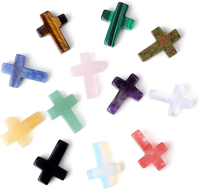 DUQGUHO 1 Inch Pocket Cross Crystals Pocket Hug Token Cross Shaped Gemstones Small Palm Crosses Stones Bulk 12PCS