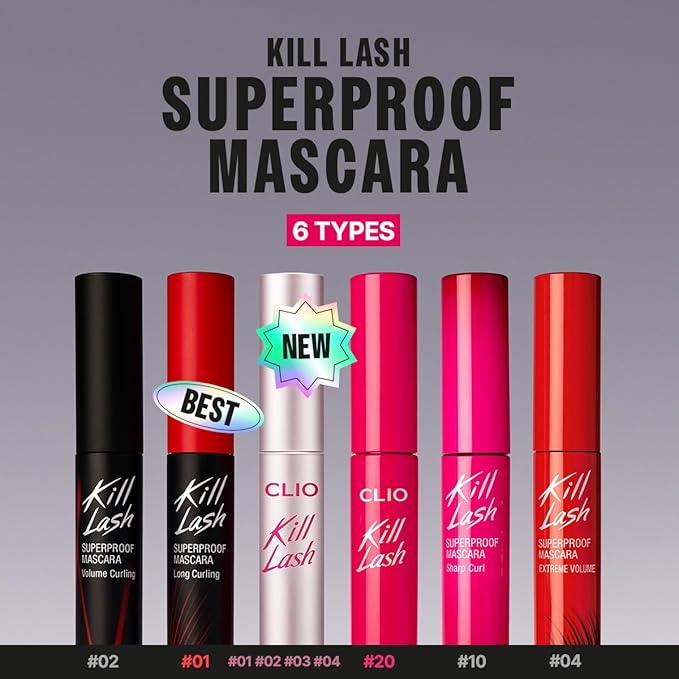 CLIO Kill Lash Superproof Mascara, Waterproof Mascara Black, Lifting & Lengthening, Precision Eyelash Curl, Long-Lasting, Clump & Smudge-Free, for Sensitive Eye, Korean Makeup Beauty (020 Bouncy Lash)