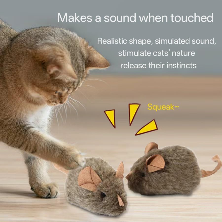 Realistic Squeaky Moving Mouse Toy for Cats - Plush Interactive Cat Toy with Sound, Automatic Electronic Cat Toy for Indoor Play, Alleviates Boredom (Ideal for Kittens & Adult Cats)