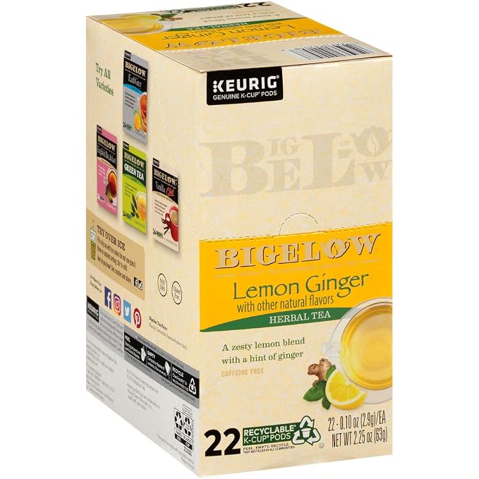 Bigelow Lemon Ginger Herbal Tea Keurig K-Cups, 22 Count Box (Pack of 1), No Caffeine 22 K-Cup Pods Total