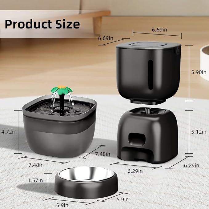 Casfuy 2-in-1 Automatic Cat Feeder & Water Fountain Set, Black, 3-L & 2-L