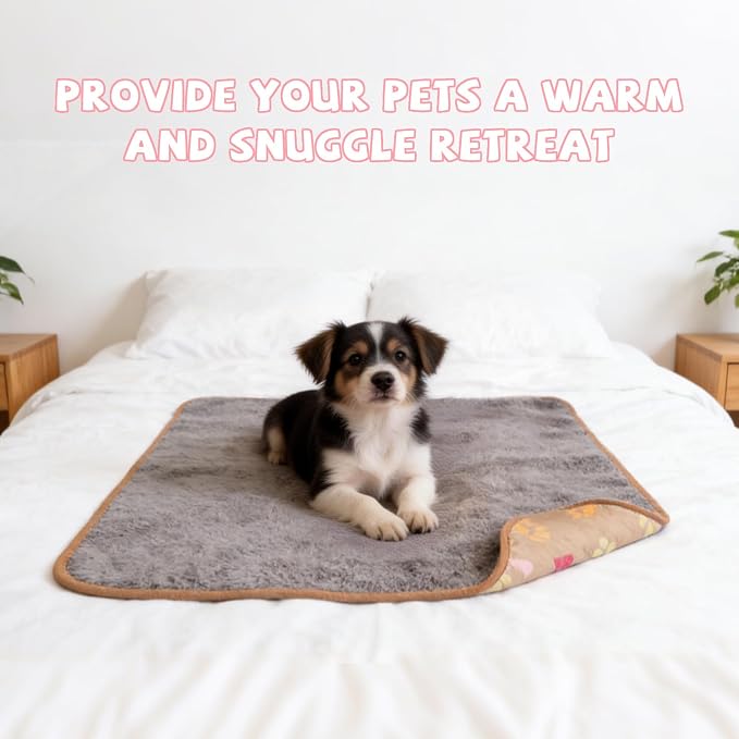 YUEPET 2 Pack Waterproof Dog Blankets, Washable Puppy Blankets 30 x 20 in | Pink/Brown Paw Print Set, Reversible Fleece Throw, Heat-Reflective Mylar, Bed/Sofa/Car Protection, Small/Medium Dogs and Cats
