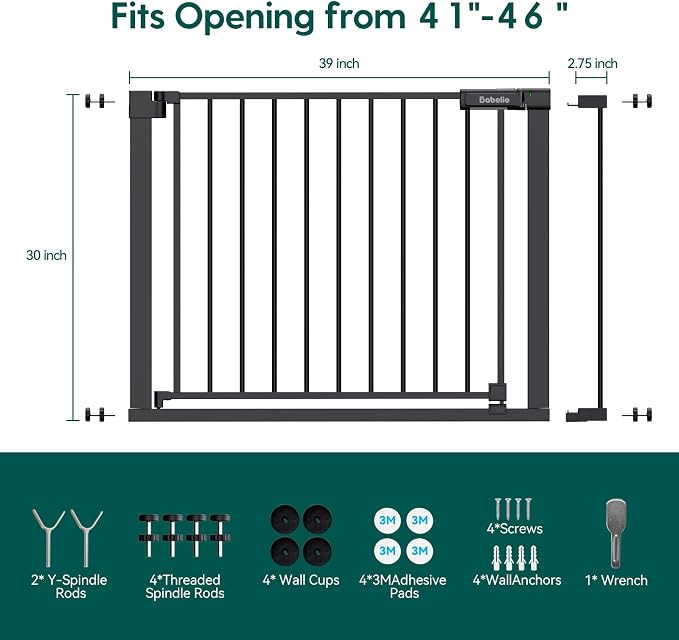 Babelio Baby Gate for Stairs No Drilling, 41-46" Wide Dog Gate with Door | Pressure/Wall Mount; Lock Indicator; 39" Wide Door; Auto-close; 200N Impact Tested; Easy Install for Doorways, Hallway, Black