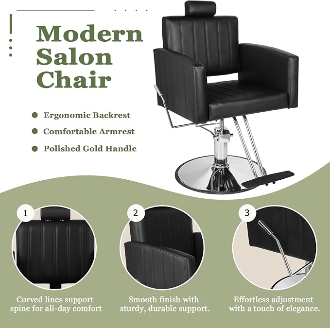 Black Salon Chair for Hair Stylist, Heavy Duty Hydraulic Barber Salon Chair with Vertical Stitch Design, 360° Swivel, Adjustable Height, Ergonomic Reclining Stylist Chairs for Beauty Salon