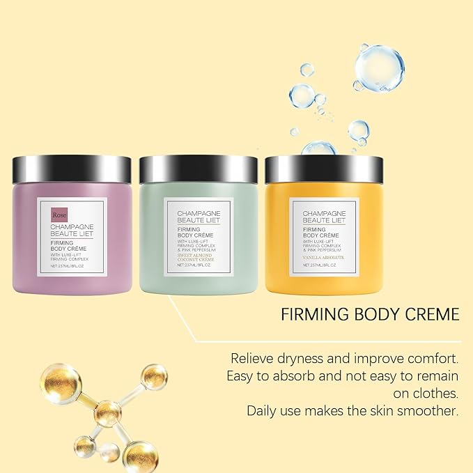 Champagne Lift Body Creme, Firming Complex and Pink Pepperslim Skin Moisturizer Tightens Hydrates Dry Skin Arms & Legs. (Sweet Almond Coconut)