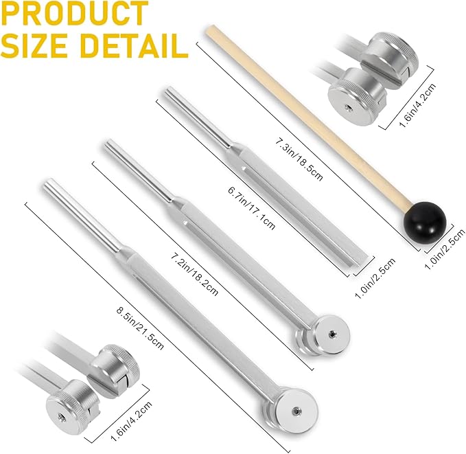 Tuning Forks for Healing Set (128Hz, 256Hz, 512Hz), Tuning Fork with Reflex Hammer for Healing/Frequency Instrument/Sound Therapy/Chakra/Yoga and Meditation Tools (Silvery), Stress Relief Gift