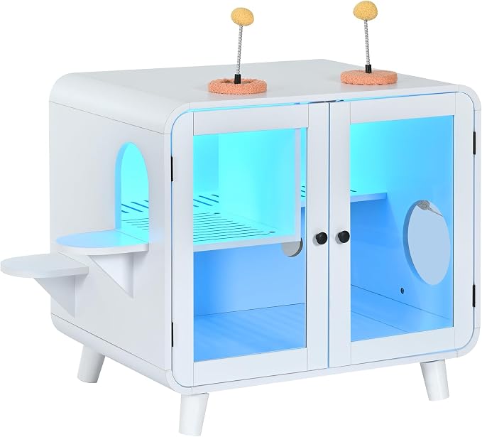 TV-Style Cat Cabinet with Side Steps, Litter Walkway, Dual Glass Doors, RGB Ambient Lighting, Interactive Pom-Pom Toys, Indoor Cat House Side Table, MDF & Glass Construction, White