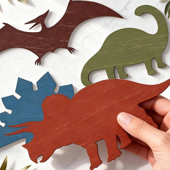 BQXH 4 Pcs Dinosaur Wall Decors Wooden, Boys Dinosaurs Playroom Wall Decor | Farmhouse Dinosaur Gifts for Home Kitchen Bathroom Office Decoration