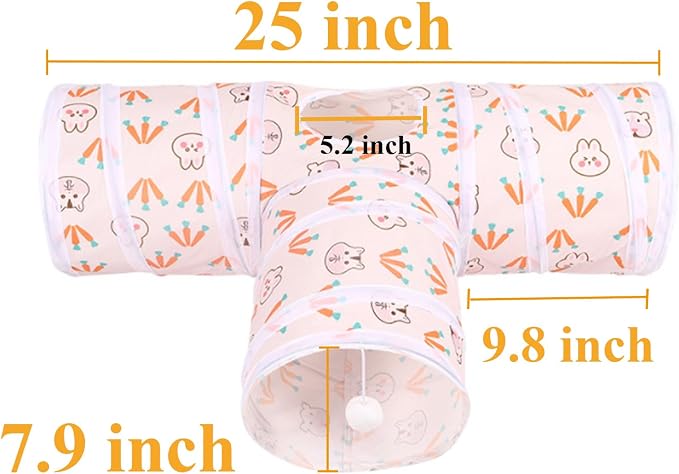 HERCOCCI Rabbit Toys, Bunny Tunnels & Tubes, Collapsible 3 Way Rabbit Hideout Tunnel with Chew Toys for Bunny Guinea Pig Ferret Kitten