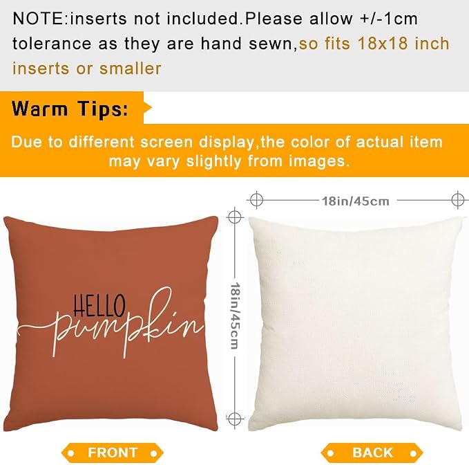 RABUSOFA Fall Pillow Covers 18x18 Inch,Rust Autumn Hello Pumpkin Pillows Decorative Throw Pillows,Outdoor Thanksgiving Cushion Cover Farmhosue Fall Decor for Bedroom Couch Sofa Rust