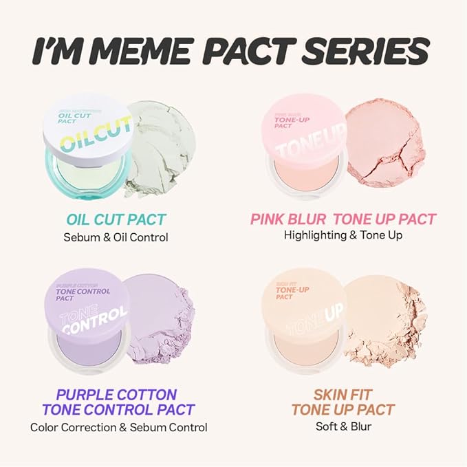 I'M MEME Compact - Purple Cotton Tone Control Pact | Korean Pressed Setting Powder With Berry Complex, Makeup Powder, Translucent Compact, Finishing Powder, Oil Free Face Powder, Preppy Stuff, 0.35 Oz