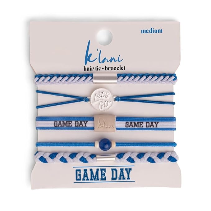 K'lani Game Day Hair Tie Bracelets – 5-Pack Stretchy No-Crease Hair Ties & Stylish Bracelets – Team Color Accessory for Hair or Wrist - Blue & White, Large