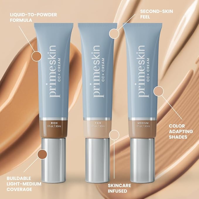 Prime Prometics PrimeSkin CC+ Cream for Mature Women – Liquid-to-Powder Foundation – Blurs Pores & Covers Age Spots – Crease-Free, Hydrating & Soft-Matte Finish for Sensitive Skin (Tan Rich)